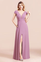 Chic V-Neck Chiffon Wisteria Bridesmaid Dresses with Short Sleeves-27dress