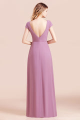 Chic V-Neck Chiffon Wisteria Bridesmaid Dresses with Short Sleeves-27dress