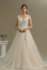 Chic V-neck Lace Wedding Dress Sleeveless Applique with Tassel Online-27dress