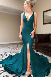 Chic V-Neck Mermaid Backless Long Prom Evening Dress with Slit-27dress
