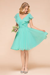 Chic V-Neck Ruffle Chiffon Short Affordable Bridesmaid Dresses Online-27dress