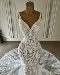 Chic V-neck Sleeveless Long Mermaid Wedding Dress With Lace and Train-27dress