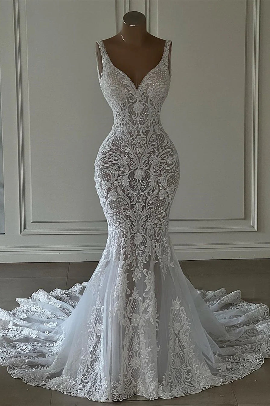 Chic V-neck Sleeveless Long Mermaid Wedding Dress With Lace and Train-27dress