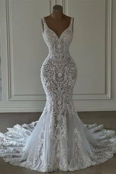 Chic V-neck Sleeveless Long Mermaid Wedding Dress With Lace and Train-27dress