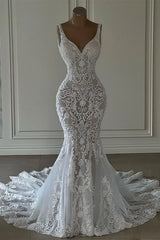 Chic V-neck Sleeveless Long Mermaid Wedding Dress With Lace and Train-27dress