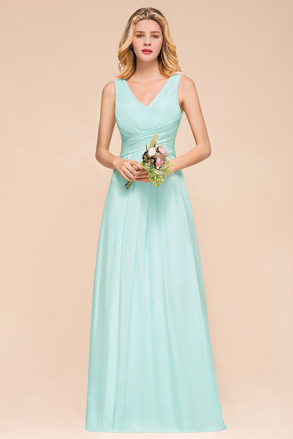 Chic V-Neck Sleeveless Mint Green Bridesmaid Dresses with Ruffle-27dress