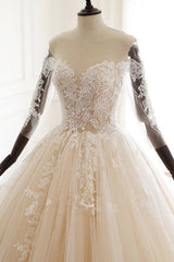 Chic V-Neck Strapless Champagne Tulle Wedding Dress Long Sleeves Appliques Bridal Gowns Online-27dress