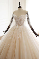 Chic V-Neck Strapless Champagne Tulle Wedding Dress Long Sleeves Appliques Bridal Gowns Online-27dress