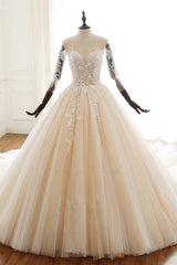 Chic V-Neck Strapless Champagne Tulle Wedding Dress Long Sleeves Appliques Bridal Gowns Online-27dress