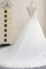 Chic White A-line Tulle Wedding Dresses Jewel Sleeveless Ruffle Bridal Gowns With Appliques On Sale-27dress