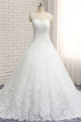 Chic White A-line Tulle Wedding Dresses Jewel Sleeveless Ruffle Bridal Gowns With Appliques On Sale-27dress
