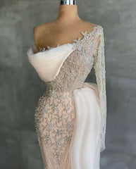 Chic White Mermaid Appliques Prom Dress Beaded With Long Sleeve Ruffles