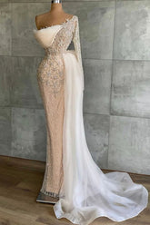 Chic White Mermaid Appliques Prom Dress Beaded With Long Sleeve Ruffles