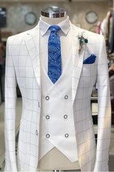 Chic Notched Lapel Three Pieces Plaid White Prom Suits