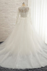 Chic White Satin Mermaid Wedding Dresses Jewel Longsleeves With Appliques On Sale-27dress