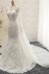 Chic White Satin Mermaid Wedding Dresses Jewel Longsleeves With Appliques On Sale-27dress