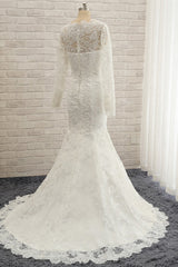 Chic White Satin Mermaid Wedding Dresses Jewel Longsleeves With Appliques On Sale-27dress