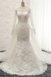 Chic White Satin Mermaid Wedding Dresses Jewel Longsleeves With Appliques On Sale-27dress