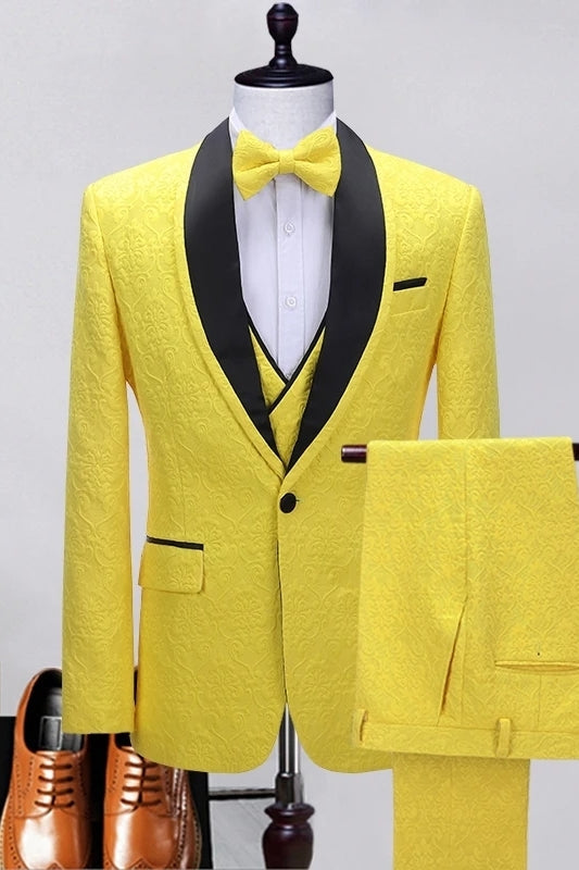 Chic Shawl Lapel Three Pieces Jacquard Yellow Prom Suits