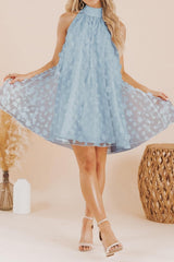 Light blue halter A line Mini Homecoming Dress with floral lace overlay and sheer swing skirt