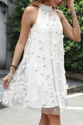 Mini Homecoming Dress by 27dress white sleeveless high neck A line with sheer floral applique overlay