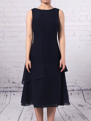 Chiffon A-line Tea-length Mother of the Bride Dress with Ruffles and Scoop Neck