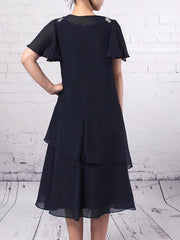 Chiffon A-line Tea-length Mother of the Bride Dress with Ruffles and Scoop Neck