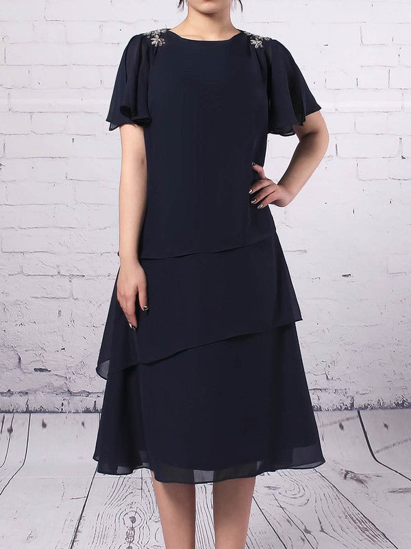 Chiffon A-line Tea-length Mother of the Bride Dress with Ruffles and Scoop Neck