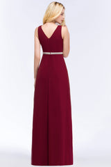 Chiffon Burgundy Long Affordable Bridesmaid Dress With Beading Sash-27dress