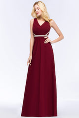 Chiffon Burgundy Long Affordable Bridesmaid Dress With Beading Sash-27dress