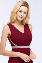 Chiffon Burgundy Long Affordable Bridesmaid Dress With Beading Sash-27dress