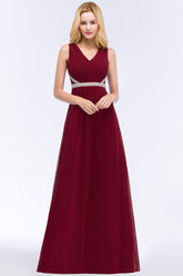Chiffon Burgundy Long Affordable Bridesmaid Dress With Beading Sash-27dress