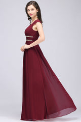 Chiffon Burgundy V-Neck Cap Sleeve Bridesmaid Dress with Beadings-27dress