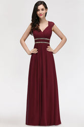 Chiffon Burgundy V-Neck Cap Sleeve Bridesmaid Dress with Beadings-27dress