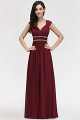 Chiffon Burgundy V-Neck Cap Sleeve Bridesmaid Dress with Beadings-27dress