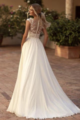 Chiffon Cap Sleeves A-line Wedding Dress with Lace Applique From 27dress