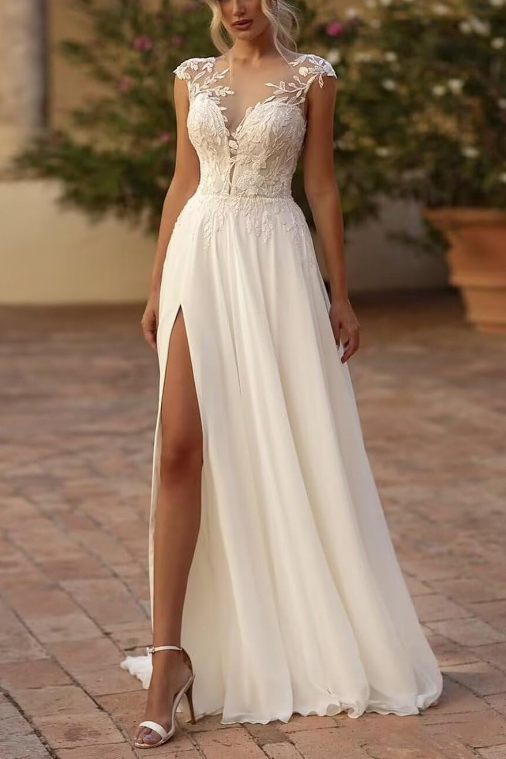 Chiffon Cap Sleeves A-line Wedding Dress with Lace Applique From 27dress