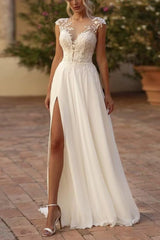 Chiffon Cap Sleeves A-line Wedding Dress with Lace Applique From 27dress