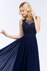 Chiffon Lace Appliques Affordable Navy Bridesmaid Dress Online-27dress
