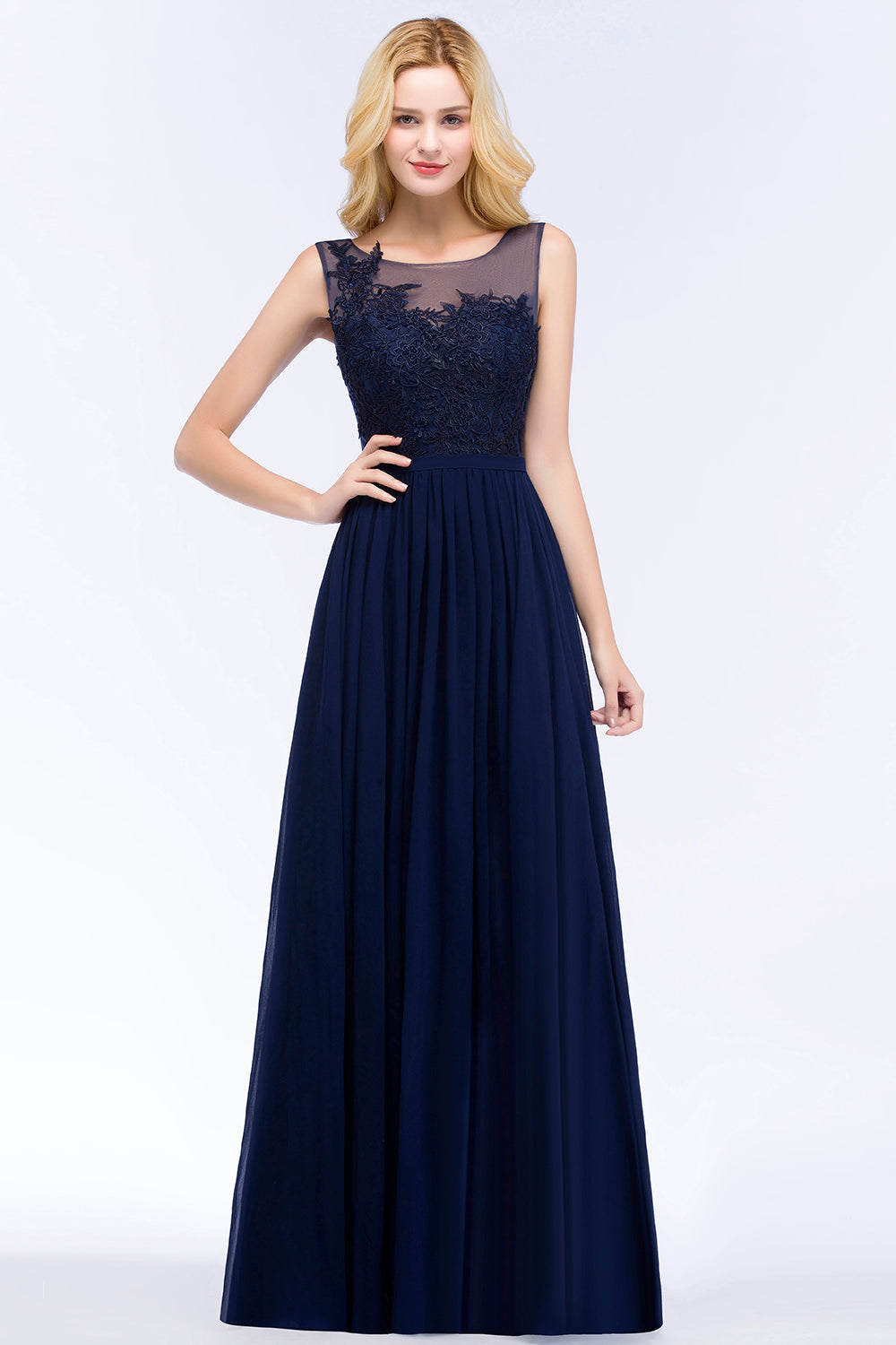 Chiffon Lace Appliques Affordable Navy Bridesmaid Dress Online-27dress