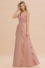 Chiffon Long Sleeveless Bridesmaid Dress with Cascading Ruffles-27dress