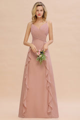 Chiffon Long Sleeveless Bridesmaid Dress with Cascading Ruffles-27dress