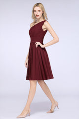 Chiffon One Shoulder Ruffle Short Burgundy Bridesmaid Dresses Online-27dress