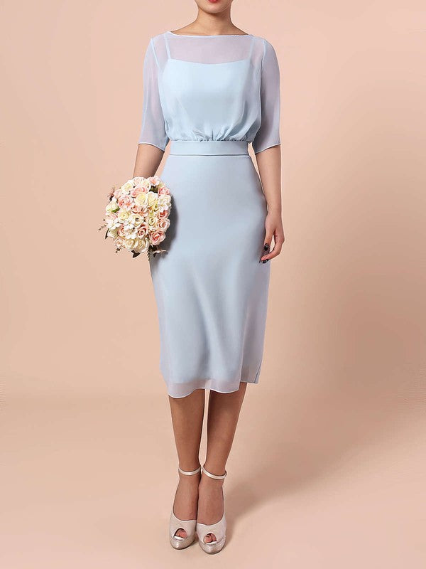 Chiffon Sheath/Column Knee-length Bridesmaid Dress with Scoop Neck and Sashes/Ribbons