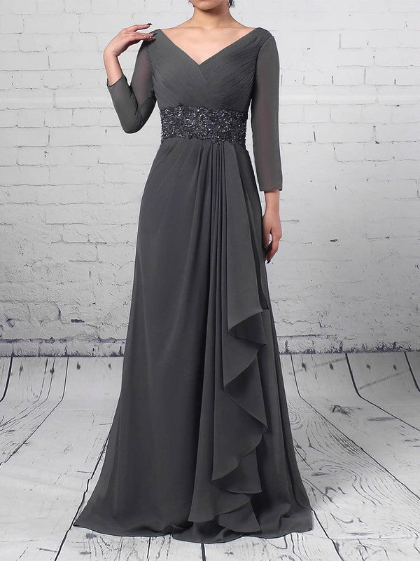 Chiffon V-neck A-line Sweep Train Beading Mother of the Bride Dress