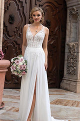 Chiffon Wedding Dress Lace Appliques With Slit-27dress