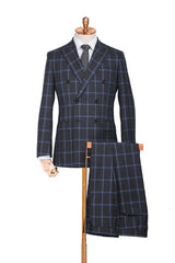 Classic Plaid Peaked Lapel Double Breasted Black Business Suits