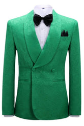 Classic Jacquard Double Breasted Green Wedding Suits Shawl Lapel Wedding Groom Prom Tuxedo
