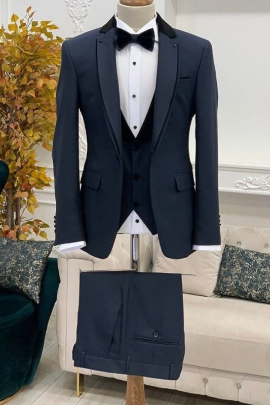 Classic Notched Lapel Three Pieces Navy Blue Wedding Suits