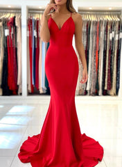 Classic Red Mermaid V-Neck Spaghetti Straps Sleeveless Prom Dresses-27dress